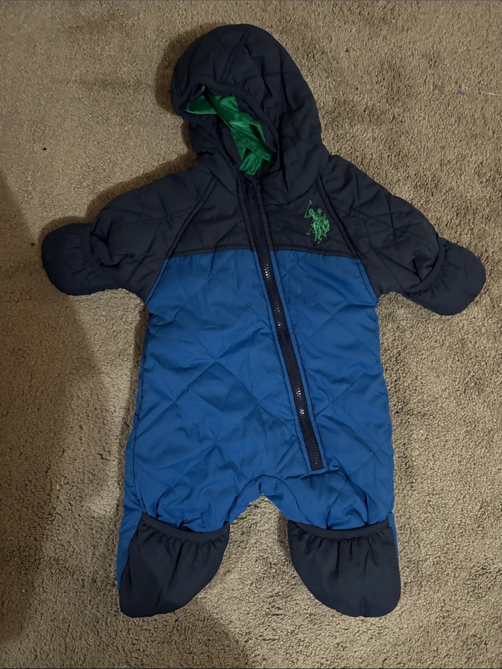 U.S. Polo Assn. Quilted Hooded One-Piece Footie - Blue & Navy with Green Logo